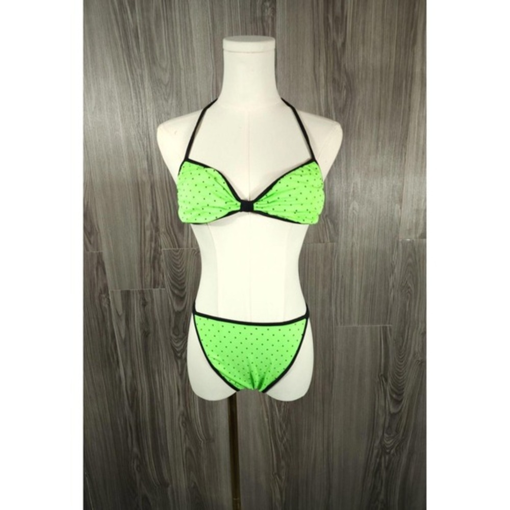 Vintage 80s Sassafras Green Polka Dot Halterneck Triangle Bikini Swimwear Size M